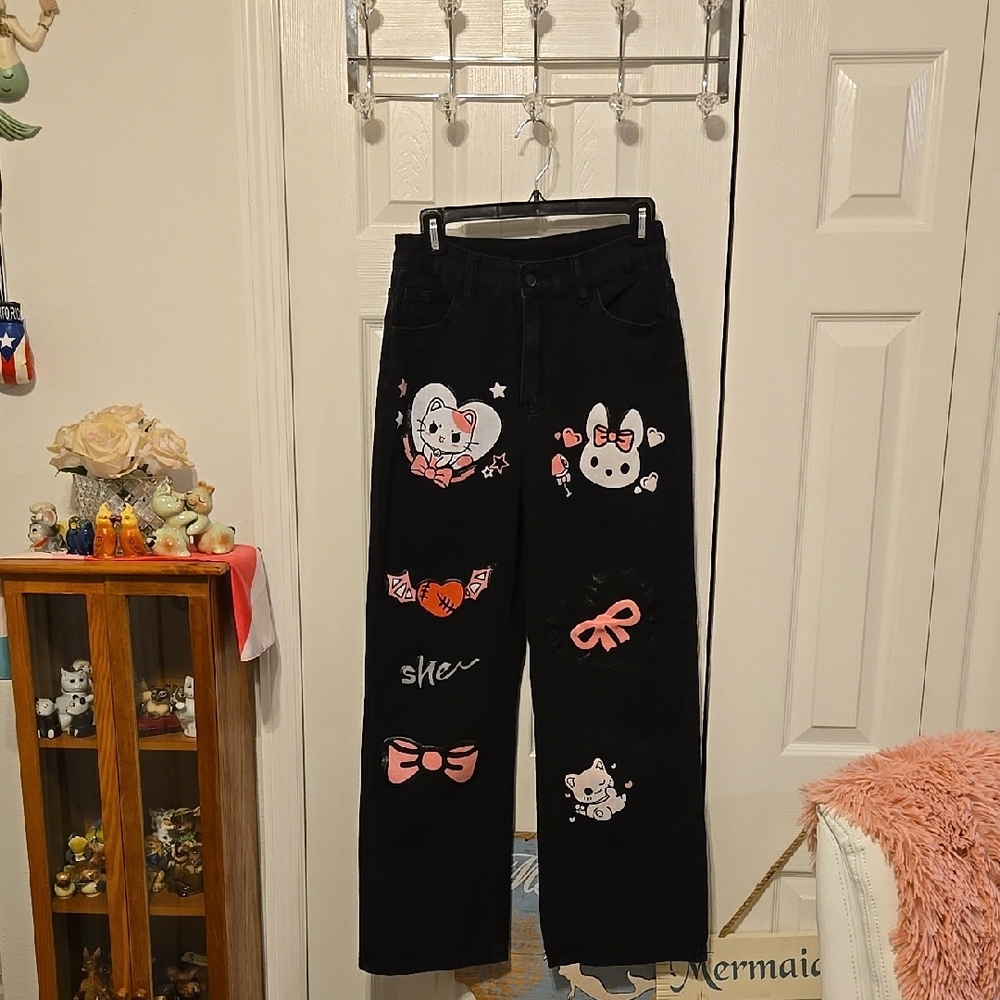 ROMWE Black Jeans with Cute Cartoon Prints
